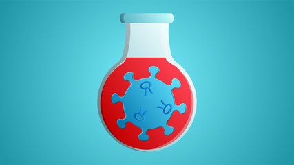 Glass laboratory medical flask scientific for the diagnosis and research of coronavirus infection disease covid-19 virus molecule on a blue background