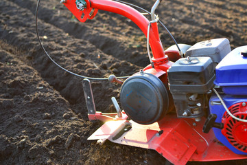 farmer in a field with rototiller , tiller tractor