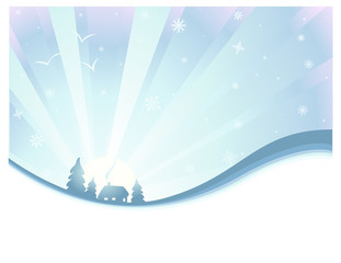 A vector illustration of a cabin and trees in a winter sunrise scene.