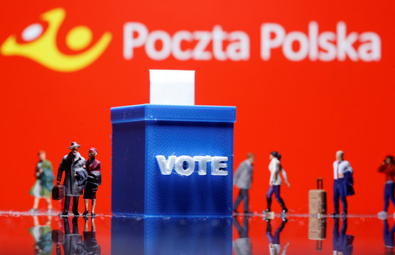 A 3D printed ballot box and toy people figures are seen in front of displayed Poczta Polska logo in this illustration