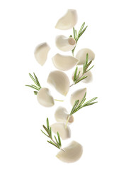 Set of falling garlic cloves and rosemary on white background