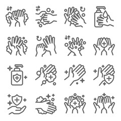 Fototapeta premium Hand washing symbol icon set vector illustration. Contains such icon as Cleaning, Antibacterial, Protection, Wellness, Healthy, Scrub and more. Expanded Stroke