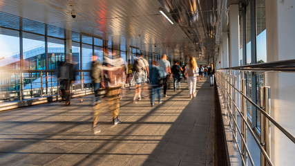 Movement of people on the modern covered pedestrian bridge