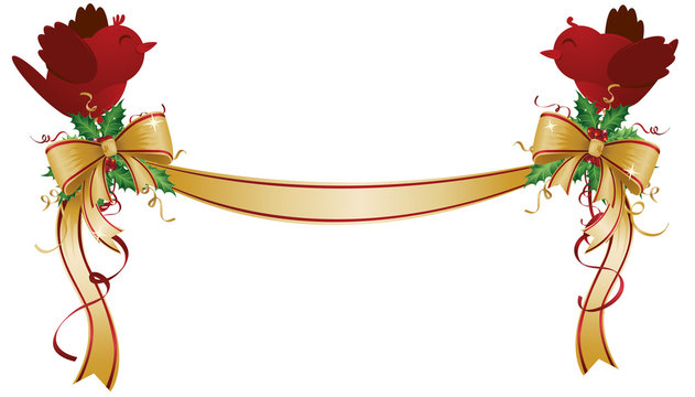 A vector illustration of two cute red cardinals holding a festive Christmas ribbon and holly garland.