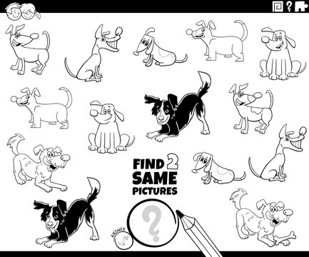 find two same dogs game coloring book page