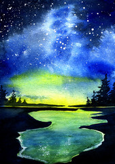 Northern lights over the lake. Reflection of stars in the water. Starry night sky. Watercolor illustration can be used as a background for cards.