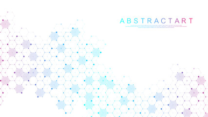 Scientific molecule background for medicine, science, technology, chemistry. Science template wallpaper or banner with a DNA molecules. Dynamic wave flow DNA. Molecular vector illustration.