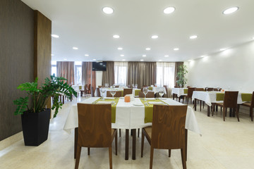 Empty modern restaurant in hotel with potted plant