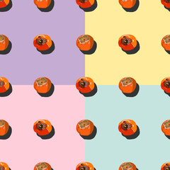 Sharon fruit top view with shadow pop art seamless pattern on turquoise, pink, purple and yellow background.