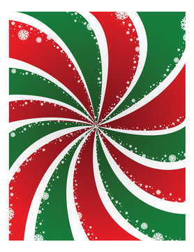 A holiday background with a swirling design of red, green and snowflakes.
