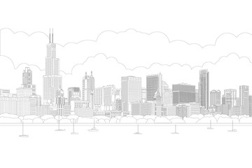 Chicago, building, skyscraper, skyline in sunny sunset reflected in water. Chicago city panorama with yachts. Line drawing, vector