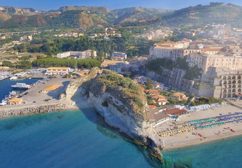 Tropea, Calabria. Amazing aerial view of touristic souther italian town in summer season from...