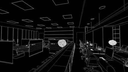 open space office perspective draw on black background sketch 3D rendering