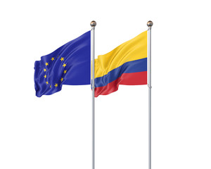 Two realistic flags. 3D illustration on white background. European Union vs Colombia. Thick colored silky flags of European Union and Colombia.