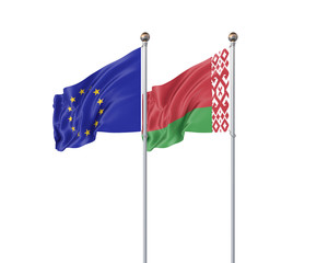 Two realistic flags. 3D illustration on white background. European Union vs Belarus. Thick colored silky flags of European Union and Belarus.