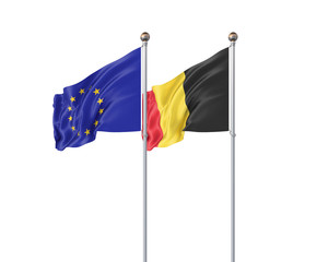 Two realistic flags. 3D illustration on white background. European Union vs Belgium. Thick colored silky flags of European Union and Belgium.