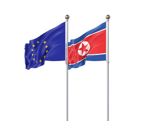 Two realistic flags. 3D illustration on white background. European Union vs North Korea. Thick colored silky flags of European Union and North Korea