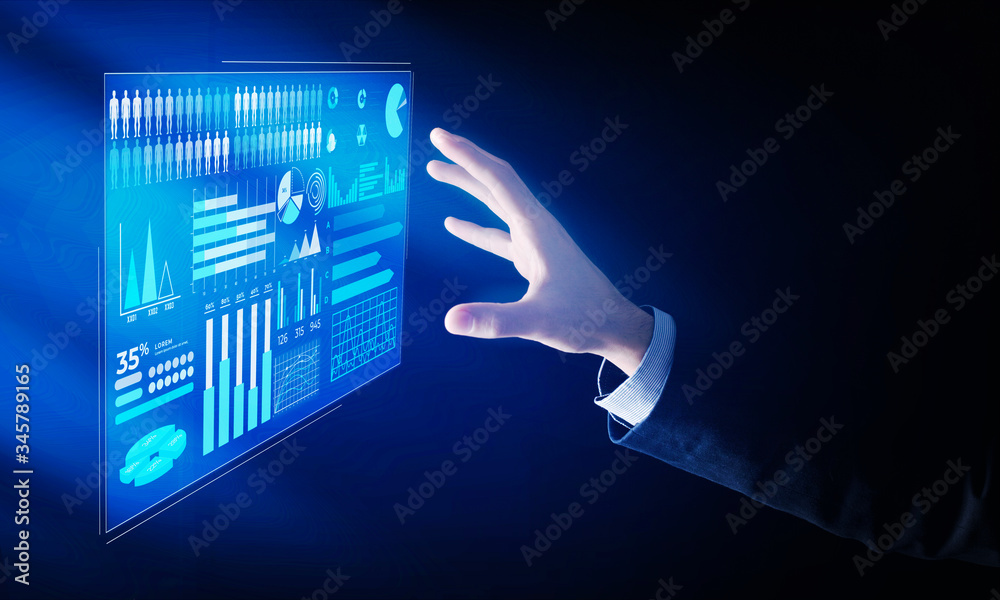 Poster Hand of businessman working with interactive screen