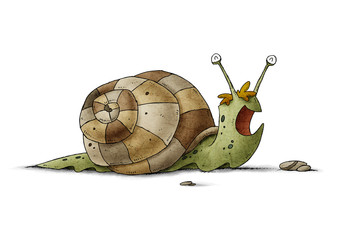 child's illustration of a green snail and a brown shell that is happy. isolated