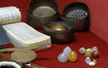 Old Pearl sorting vessels, measuring tools and writing book  