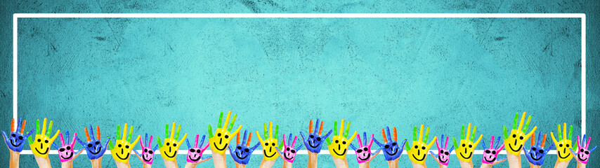 School / kindergarten background background banner panorama - Many brightly painted children's hands in front of a old aged empty turquoise aquamarine chalkboard with white frame and space for text