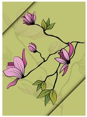 Vintage sketch closeup of pink magnolia branch with leaves on green background for decorative design. Vector romantic floral illustration. Spring background. Hand drawn illustration