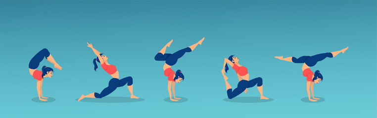 Vector of a beautiful woman in various poses of yoga, stretching