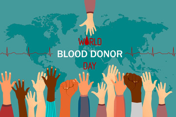 Blood Donor Day. Hands holding. World map. Saving lives.