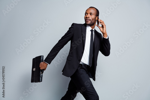 Portrait Of His He Nice Attractive Classy Rich Wealthy Imposing Guy Seeker Hr Recruiter Agent Broker Banker Going Talking On Phone Cv Resume Interview Isolated Over Grey Pastel Color Background Wall Mural Deagreez