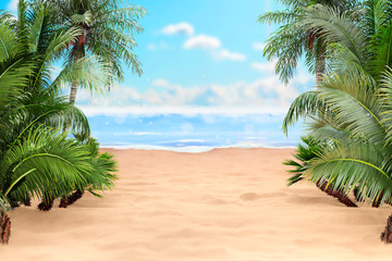 Beautiful tropical beach with white sand and two sun loungers on background of turquoise ocean and blue sky with clouds. 