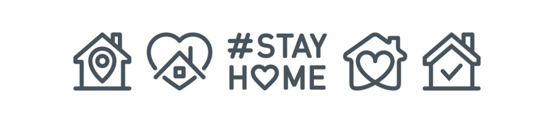 editable stroke line icons set of Stay home for Social media in support of self isolation. staying at home Prevent coronavirus spread. Covid19 perfect outline icon hashtag stayhome Isolated on white