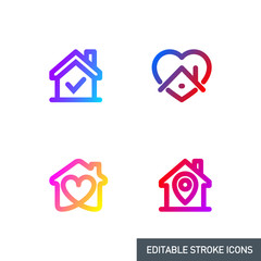 editable stroke line icons set of Stay home for Social media in support of self isolation. staying at home Prevent coronavirus spread. Covid19 perfect outline icon hashtag stayhome Isolated on white