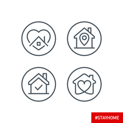 editable stroke line icons set of Stay home for Social media in support of self isolation. staying at home Prevent coronavirus spread. Covid19 perfect outline icon hashtag stayhome Isolated on white