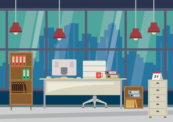 Flat design modern office and skyscrapers at background - vector illustration