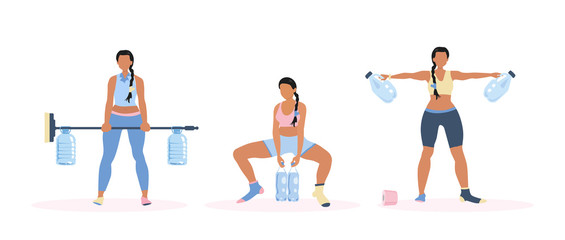 Sport at home during coronavirus lockdown (quarantine). Woman in different socks do gym and squat exercises with improvised barbell and dumbbell made of botlles of water at home. Isolated on white. 