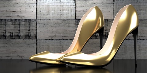 Golden high heel shoes - 3D illustration