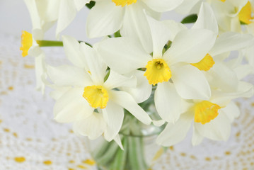 Vase of white and yellow daffodil flowers with white lace doily as background