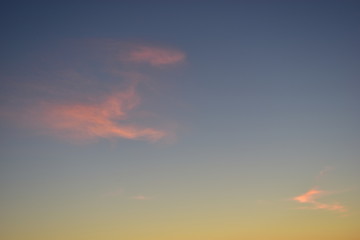 Evening blue yellow sunset horizon with clouds
