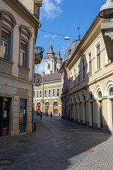 Fototapeta premium Empty street in Eger, Hungary on a spring evening.