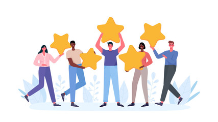 People are holding stars, giving five star Feedback. Clients choosing satisfaction rating and leaving positive review. Feedback consumer, customer review evaluation. Flat cartoon vector illustration.