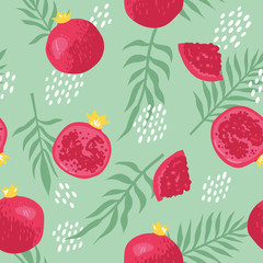 Vector summer pattern with pomegranates, flowers and leaves. Seamless texture design.