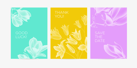 A set of postcard with the words of gratitude. Design template of business cards or banners with magnolia flowers for the hotel, beauty salon, spa, restaurant, club. Vector illustration