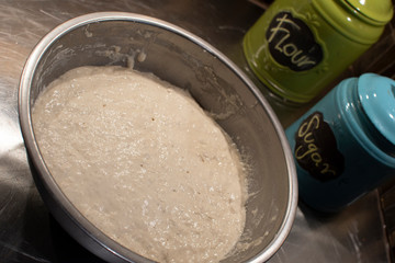 The first rise of a bread dough in a bowl