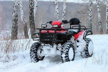 Snow covered ATV in winter forest