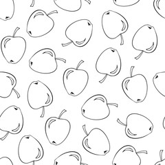 Black contour apple background. Seamless pattern. Doodle sketch Vector illustration. Design for fabric, scrapbooking, packaging paper, wallpaper, wrapping, menu