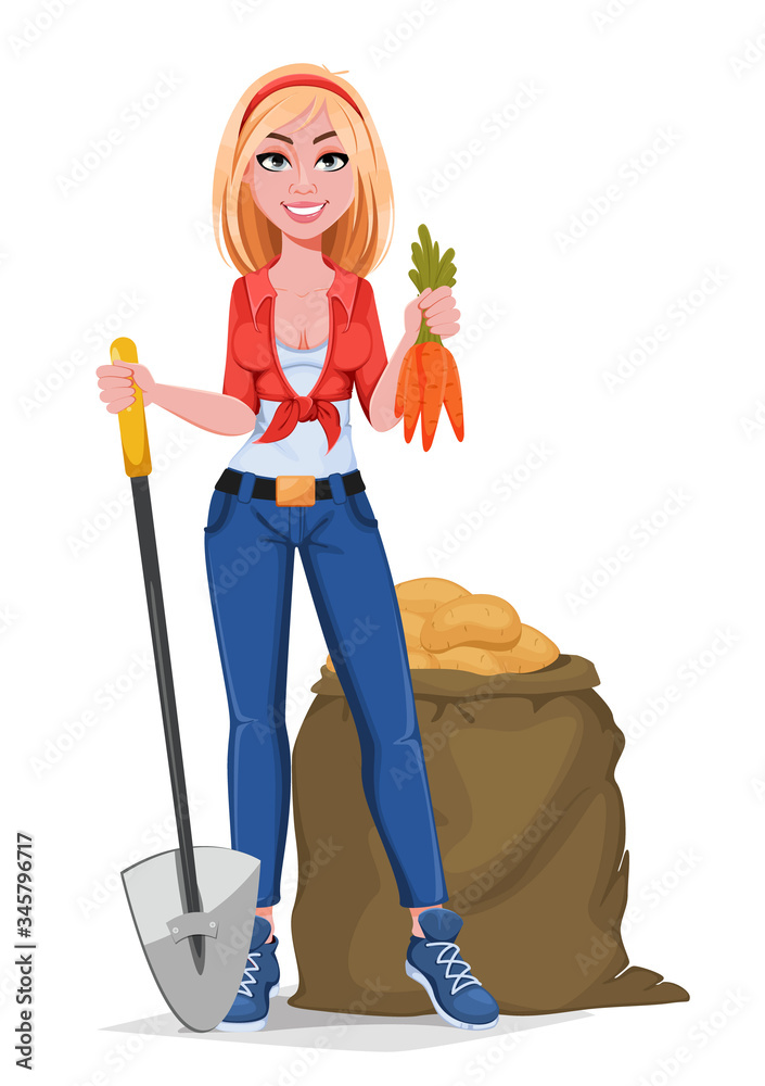 Poster Happy smiling farm girl holding shovel and carrots