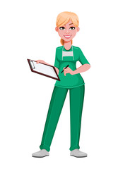 Beautiful woman doctor holding blank clipboard