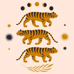 Door stickers Tiger Modern abstract art print with cute tigers, tropical branch, stars, moon phases, sun. Boho style. Cosmic minimalistic scene. Protect wild animals poster. Golden color clipart image. Magic concept.