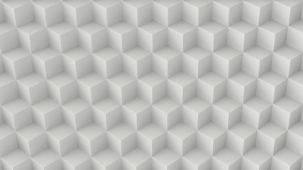 Abstract white 3D geometric cubes background. 3d rendering - illustration. Seamless pattern. Hipster style. Texture with many rows of volumetric cubes lying in the light. Isometric Shape