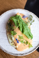 Roasted Cabbage Steak with Spicy Sauce and Sorrel Leaves